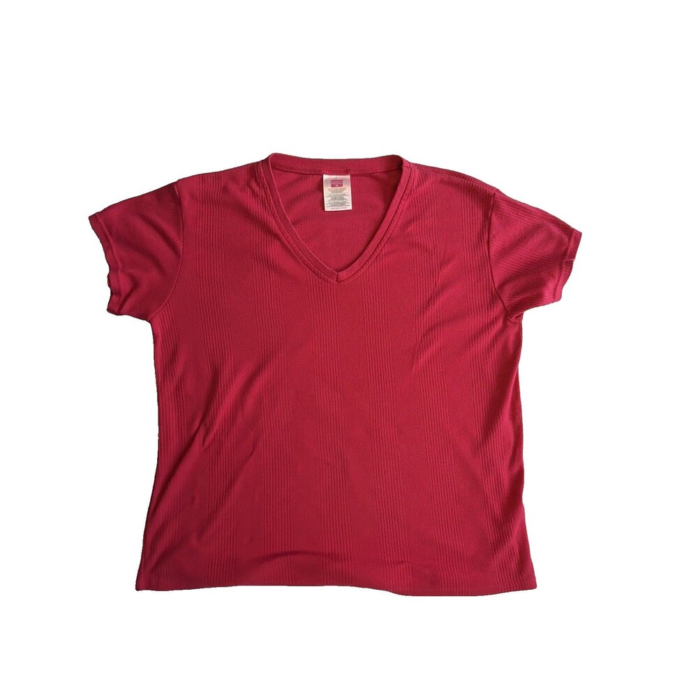 Vintage Hanes Her Way Ribbed V Neck T Shirt Pink Cotton Blend 90s Y2K Coquette L